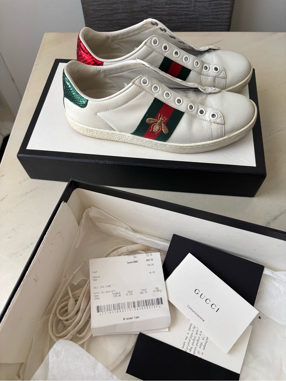 Gucci White Leather Ace Sneakers with Red & Green Web and Bee Embroidery - Picture 3 of 4